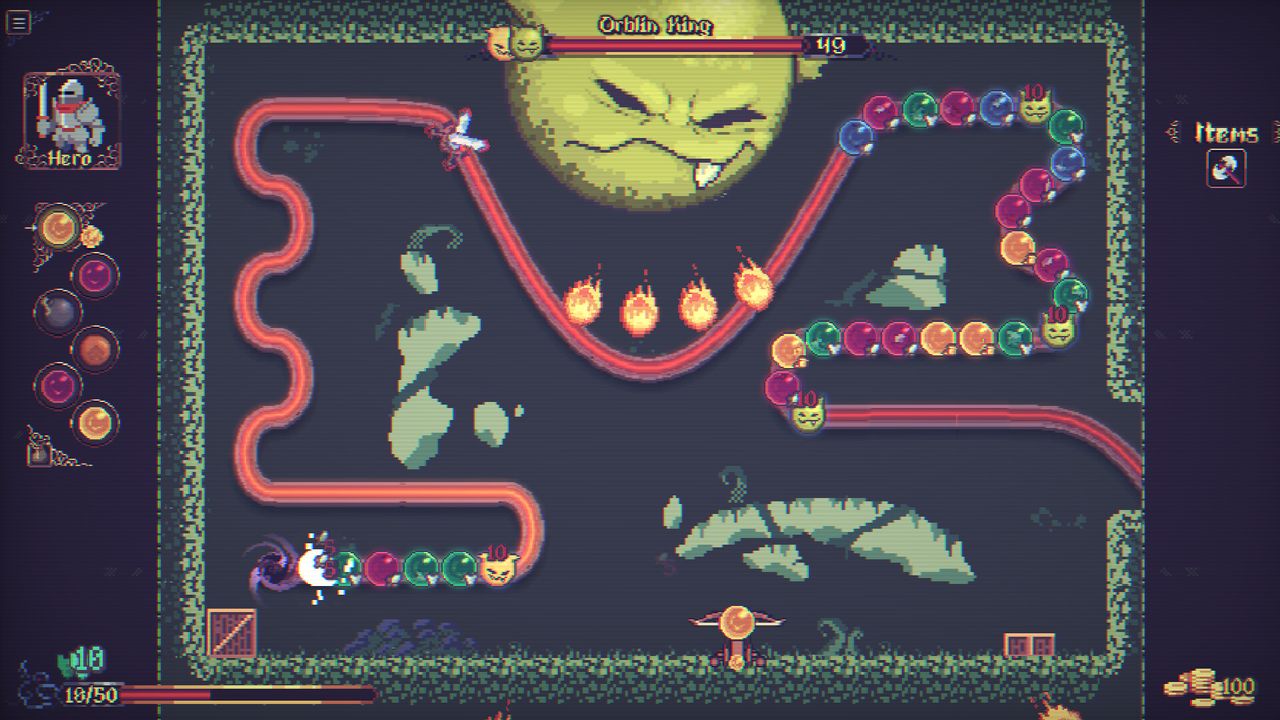 Orblins gameplay: firing orbs at an advancing chain beneath the Orblin King